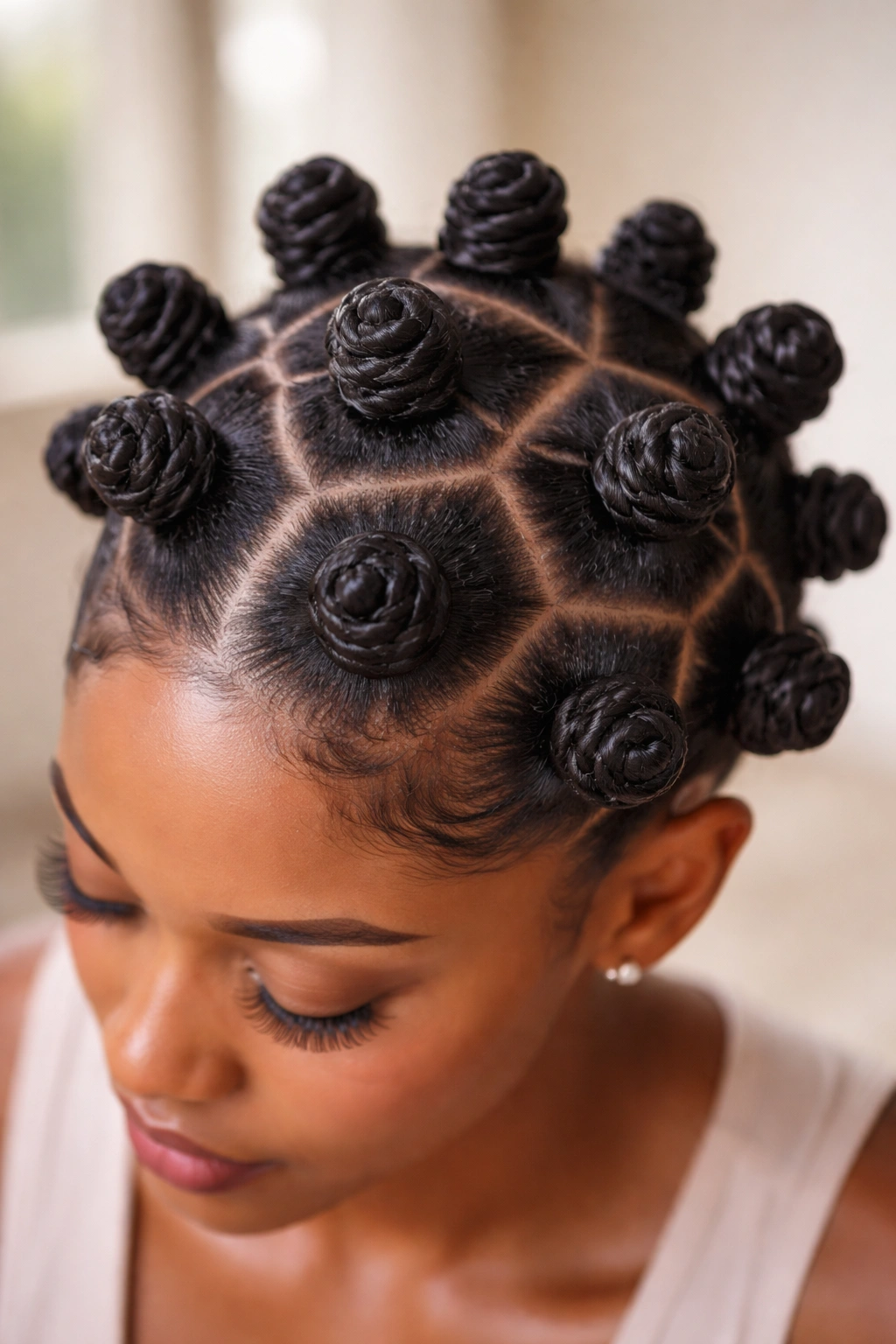 Bantu knots arranged across the scalp in neat spirals