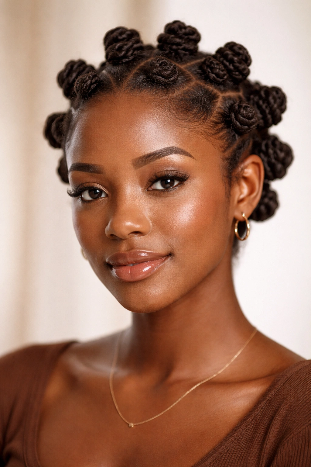 Front view of bantu knots on coily hair with textured coils