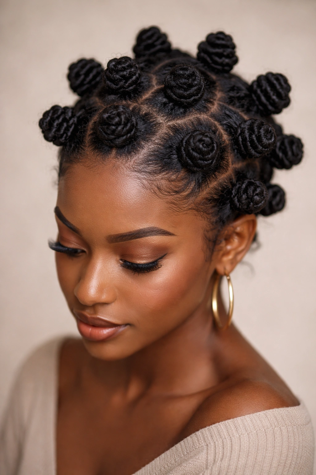 Head with evenly sized bantu knots on dark hair showing texture