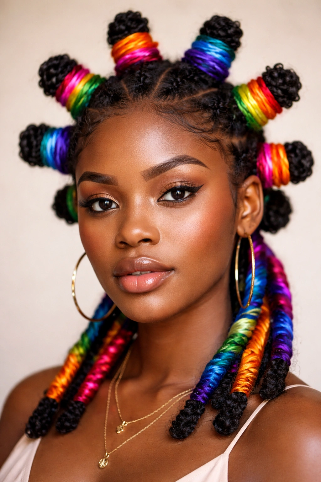 Close-up of colorful Bantu knots with rainbow thread wraps on coily hair