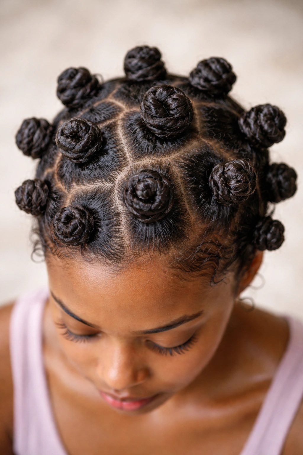 Top-down view of multiple neat bantu knots across the scalp
