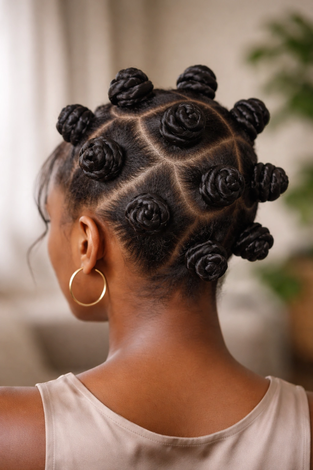 Close-up of neatly formed Bantu knots on natural hair with glossy texture
