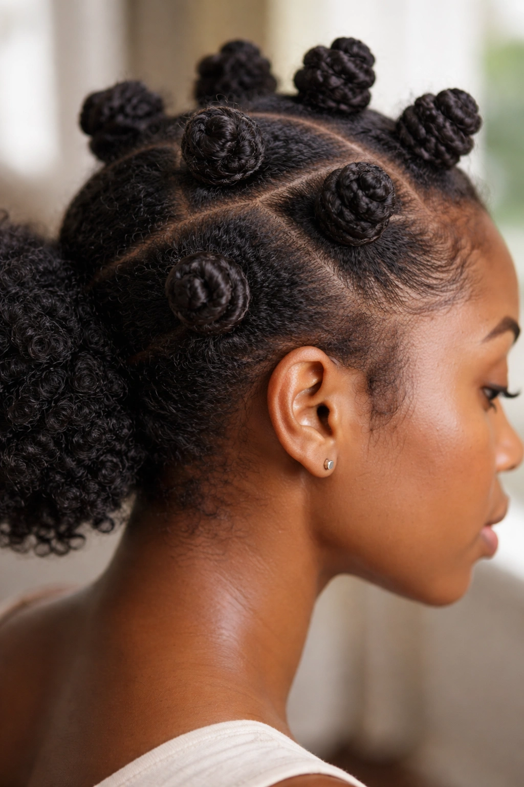 Close-up of natural hair with neatly formed Bantu knots showcasing protective styling