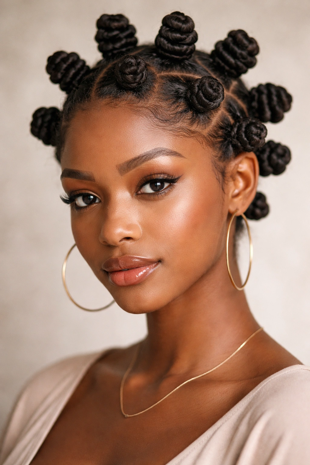 Coily hair styled into several tight Bantu knots on the scalp