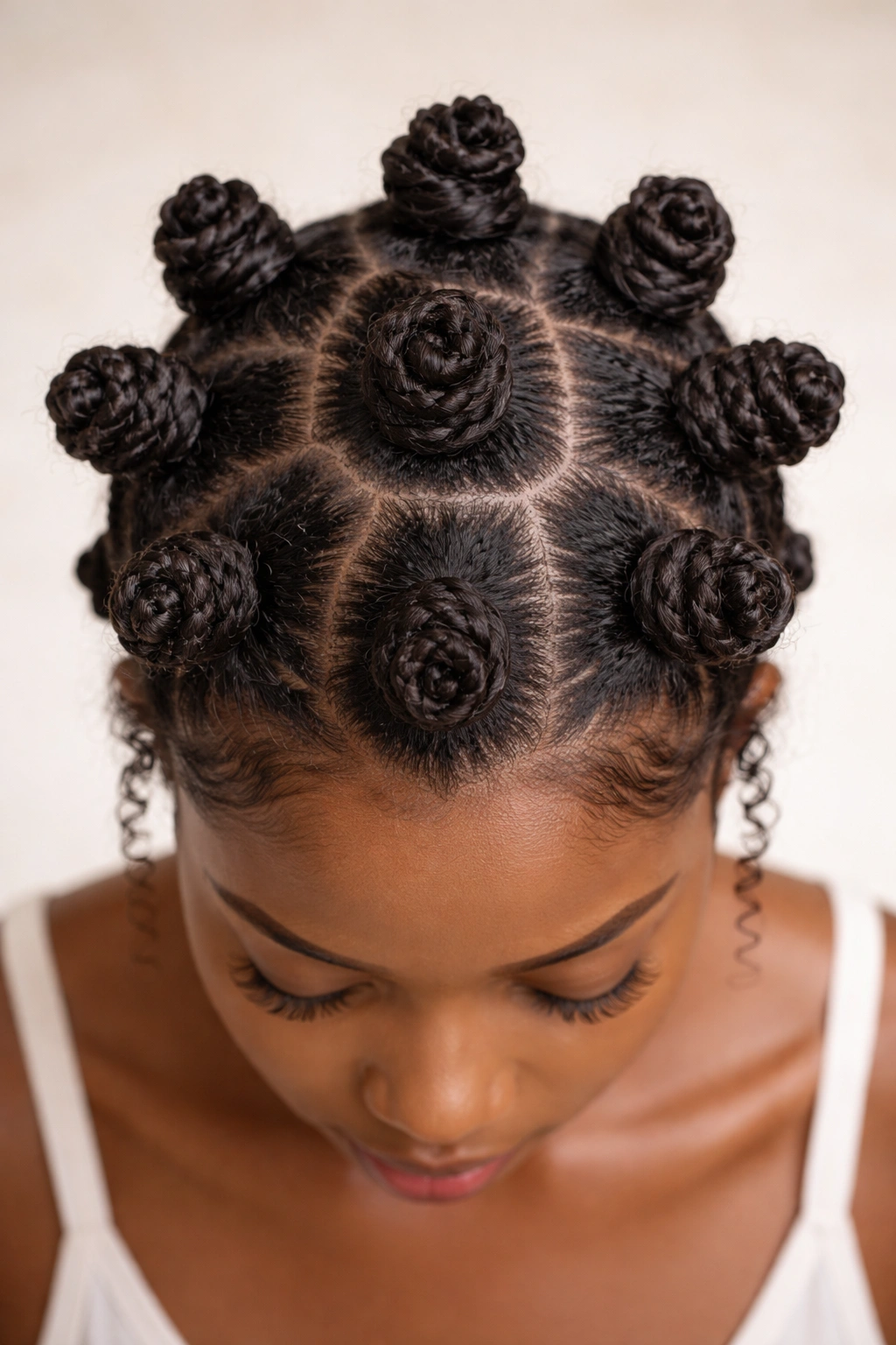 Top-down view of bantu knots on coily hair