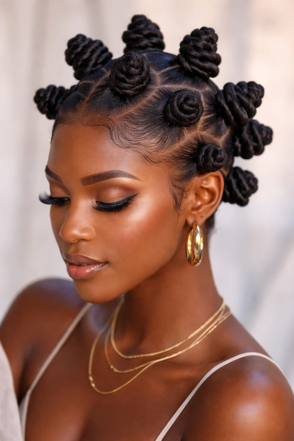 Bantu knots arranged on top of the scalp showing sculptural texture