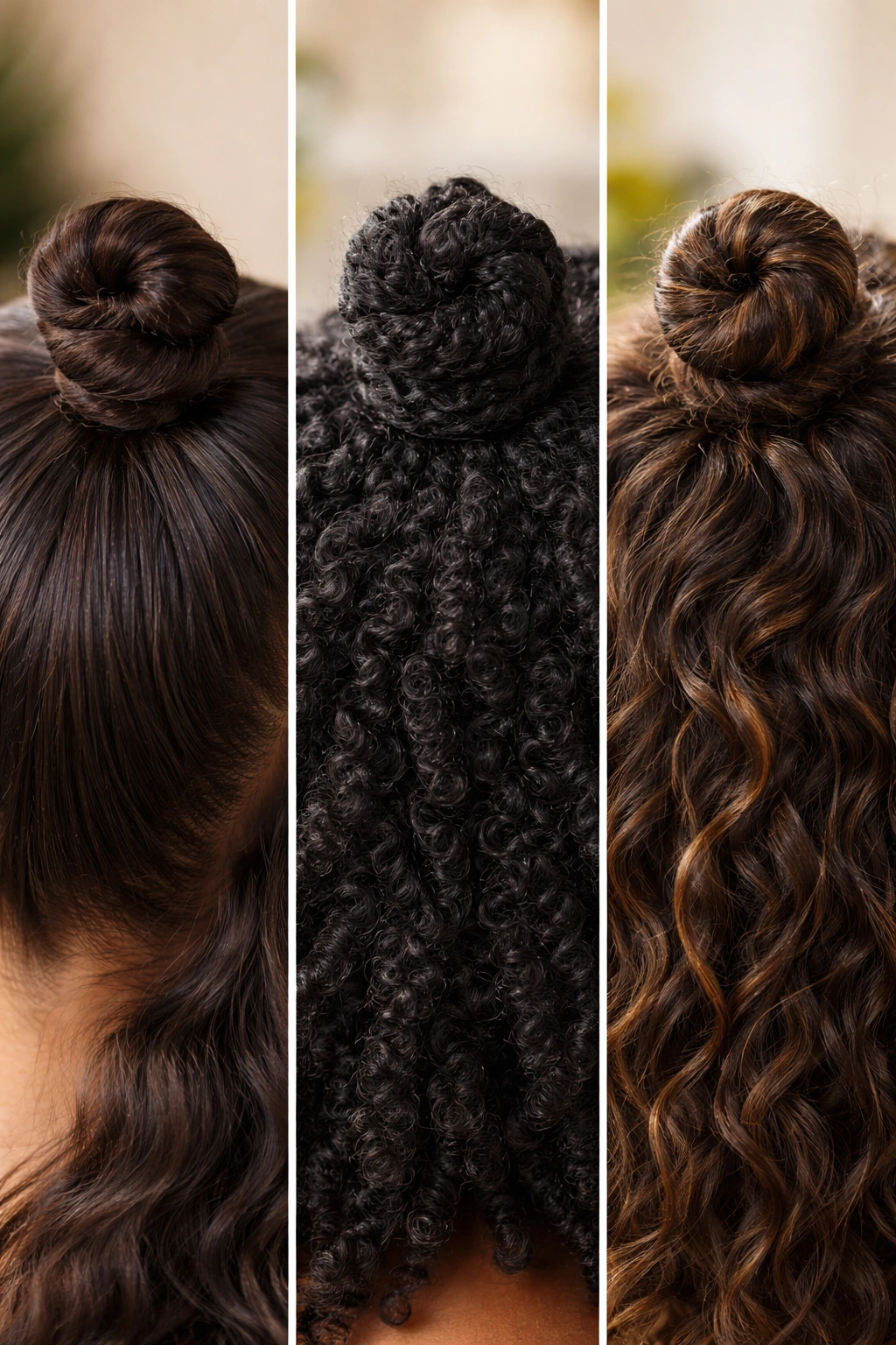 Three Bantu knots on different hair textures: fine, coily, and wavy