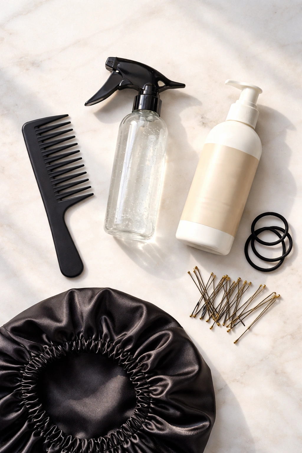 Flat lay of hair tools for Bantu knots including comb, spray bottle, conditioner, pins, bonnet