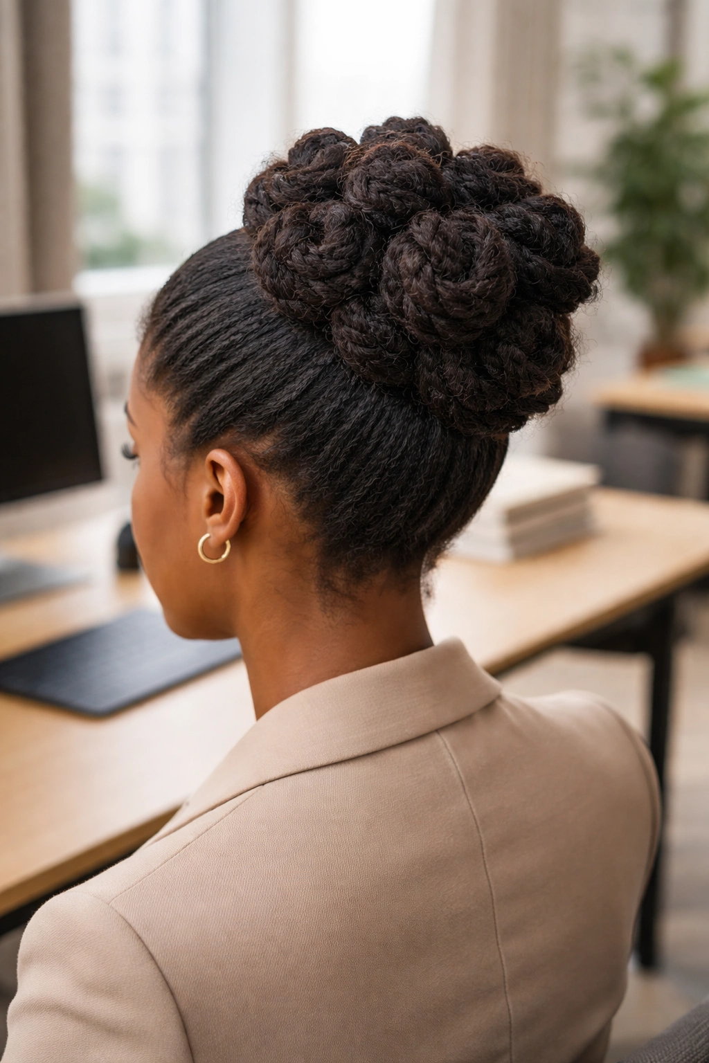 Bantu knots formed into an updo at the crown in a professional setting