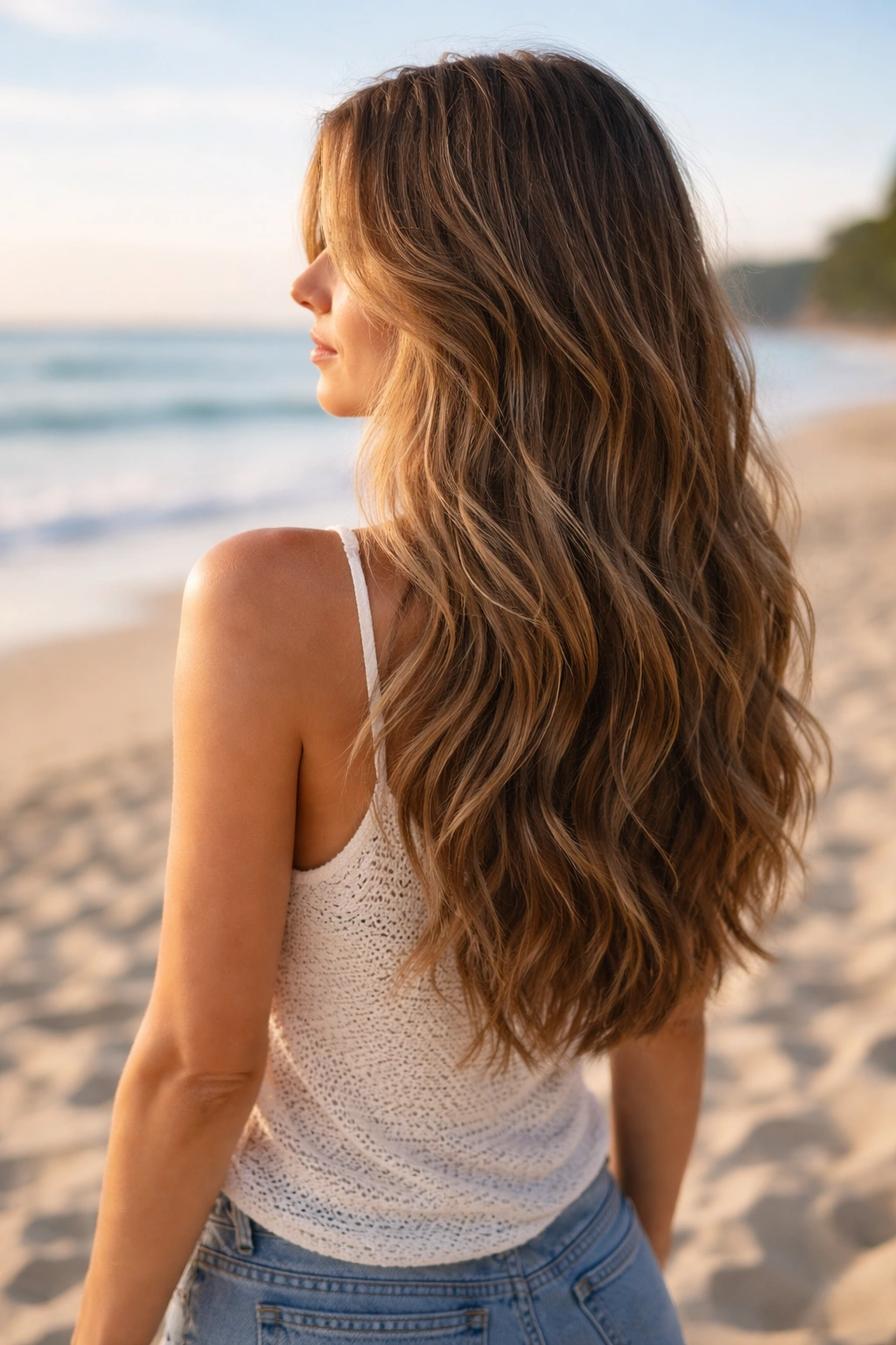 Hair with barely-there layers and longer length at the beach