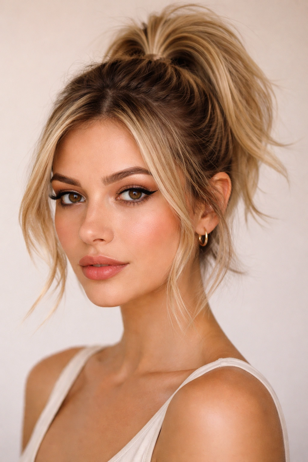 Close-up portrait of a person with a barely-there high ponytail at the crown, wispy face-framing strands on short hair