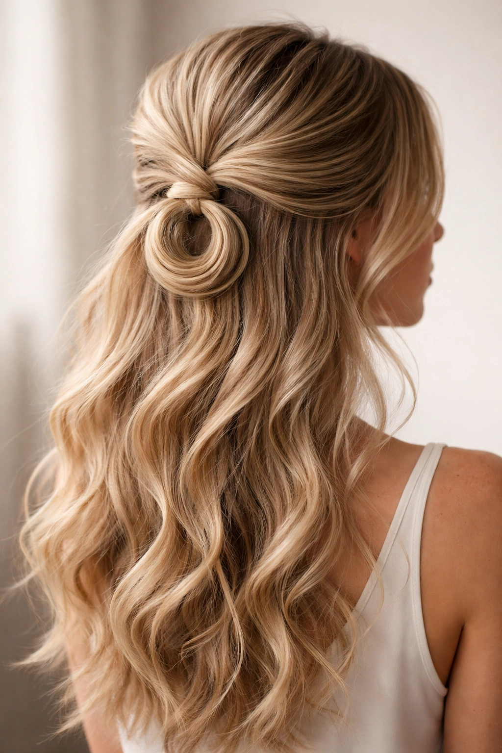 Back view showing undone barrel curl accent and loose hair flowing.