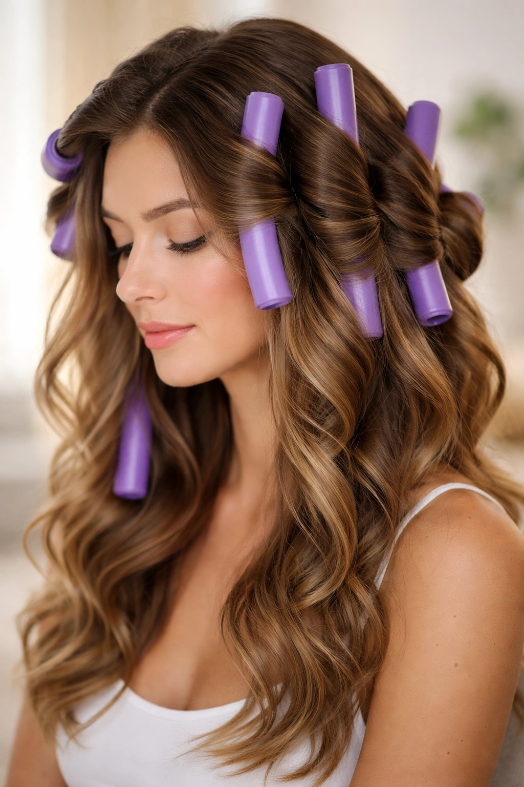 Large-diameter barrel curls forming soft waves along the head