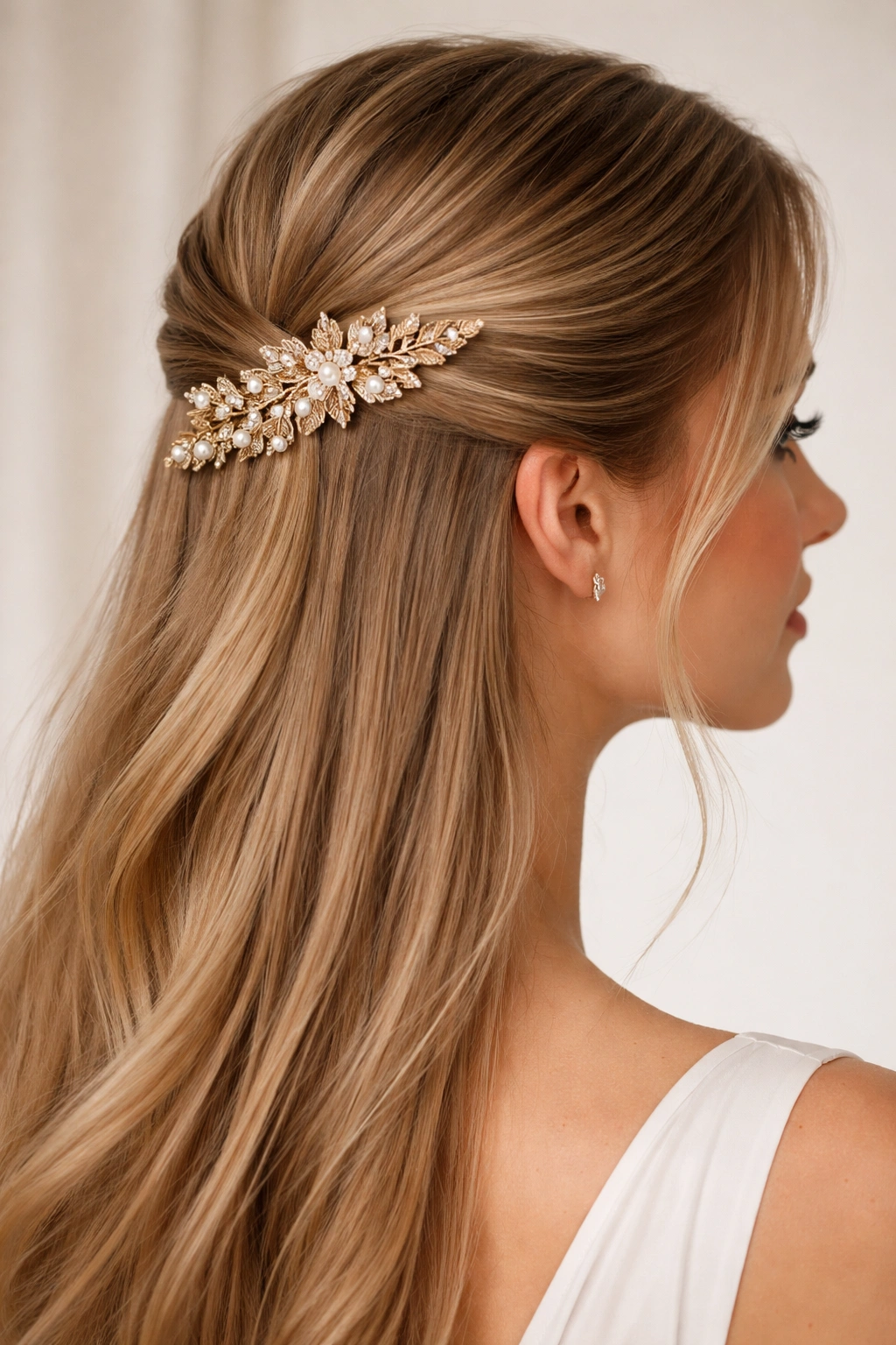Half-up hairstyle secured with a large decorative barrette on straight hair