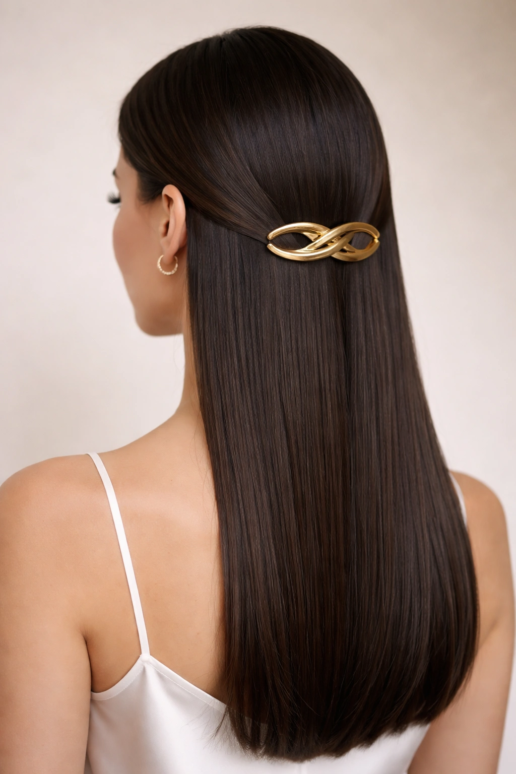Straight hair with a sculptural barrette at the back, glossy and polished.