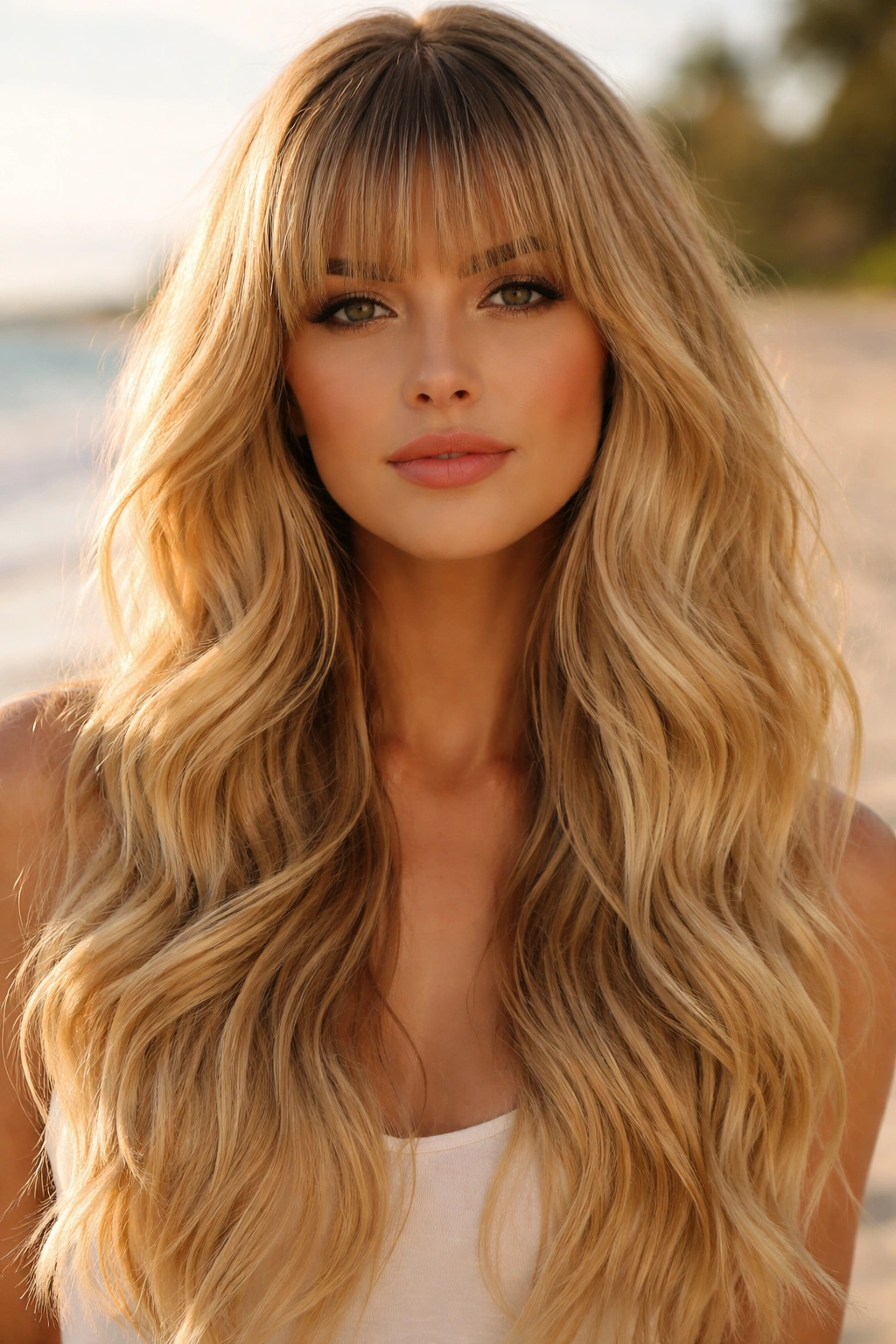Blunt bangs with beachy blonde waves on a headshot