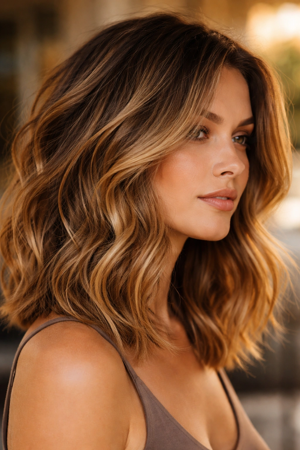 Tousled beach-wave lob with warm caramel and honey balayage in a mid-length cut.