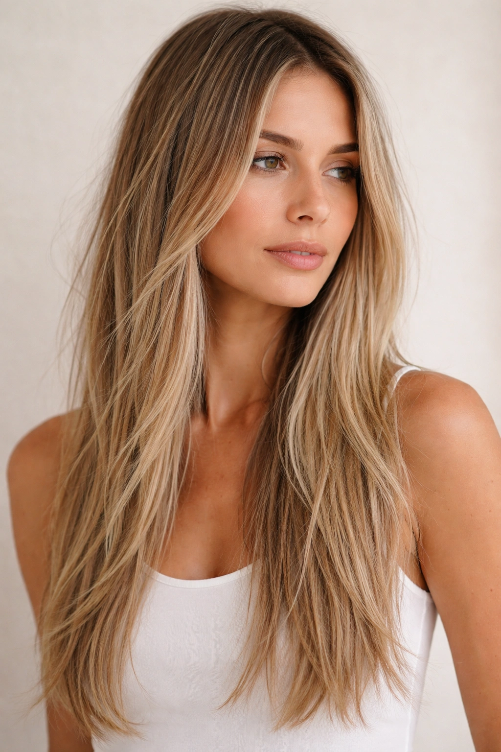 Straight hair with beach-textured waves and matte finish in studio lighting