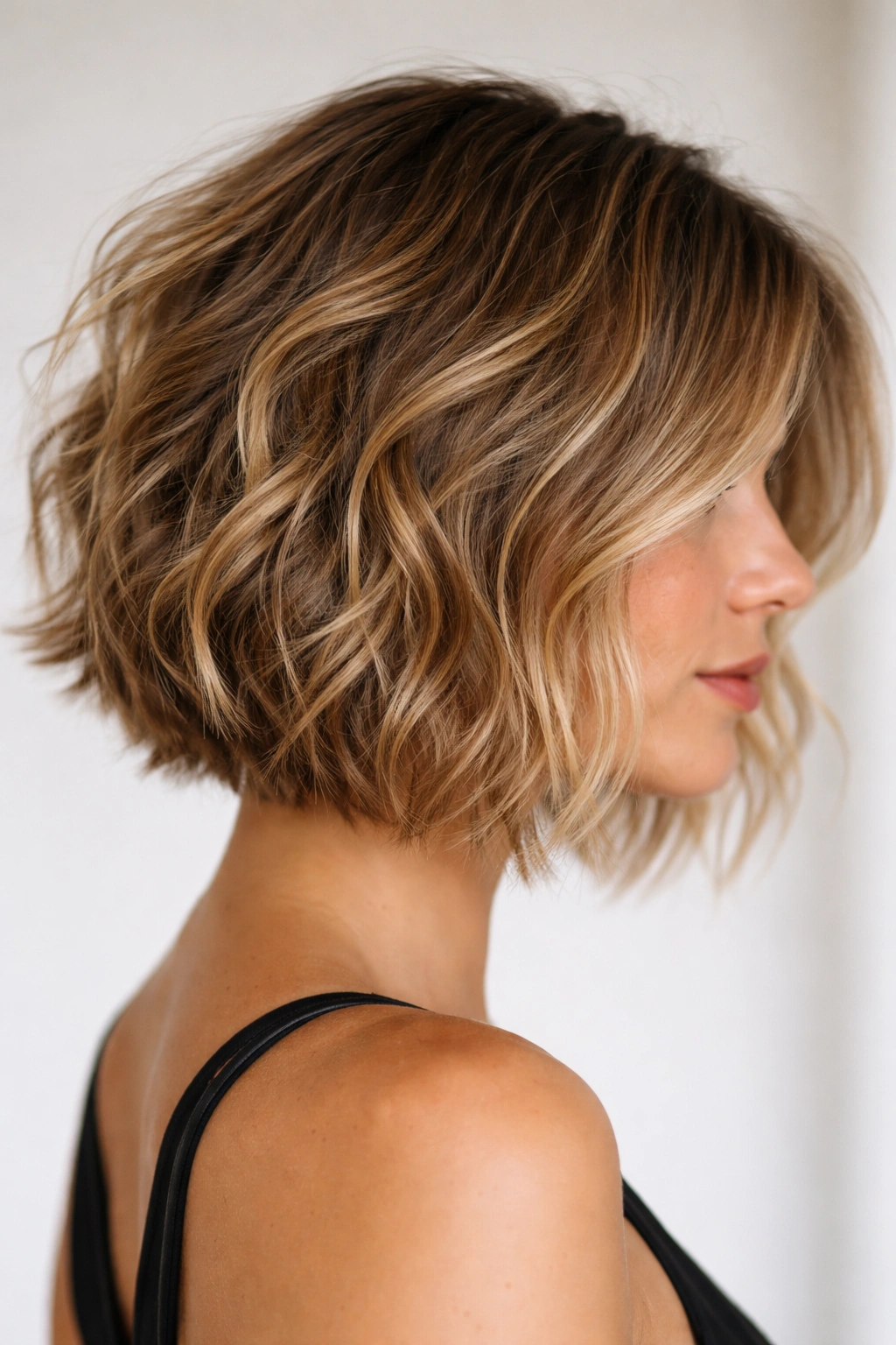Close-up of a short bob with tousled beachy waves and textured layers