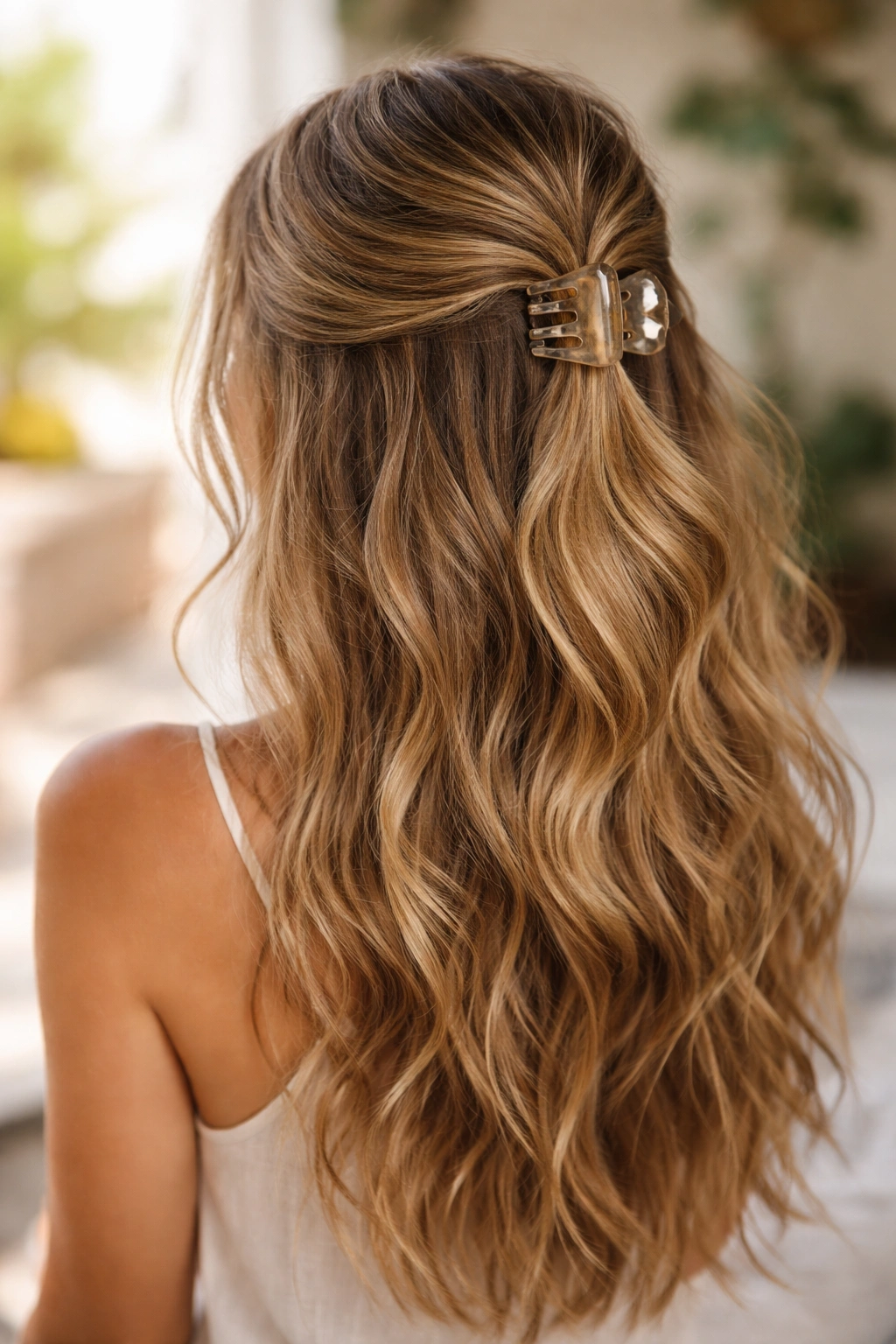 Textured beach wave half up hairstyle with loose waves and clip