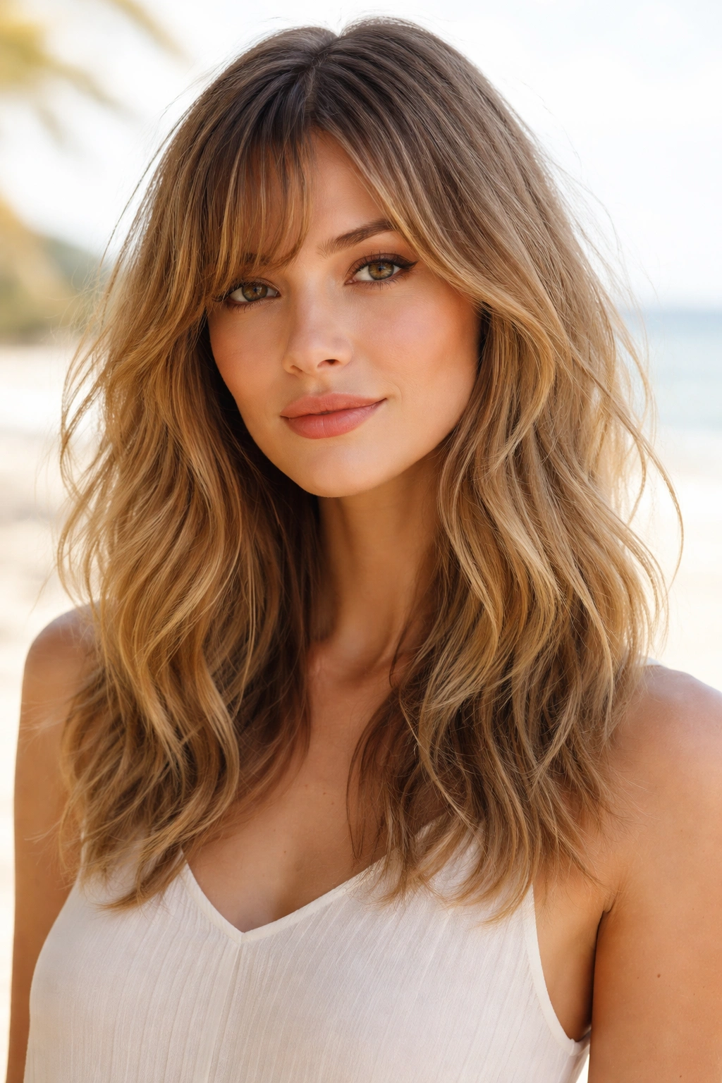 Beachy shoulder-length waves with soft bangs in a bright studio