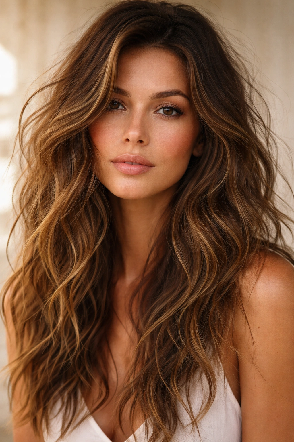 Close-up of brown hair with tousled beach waves and varied light reflection