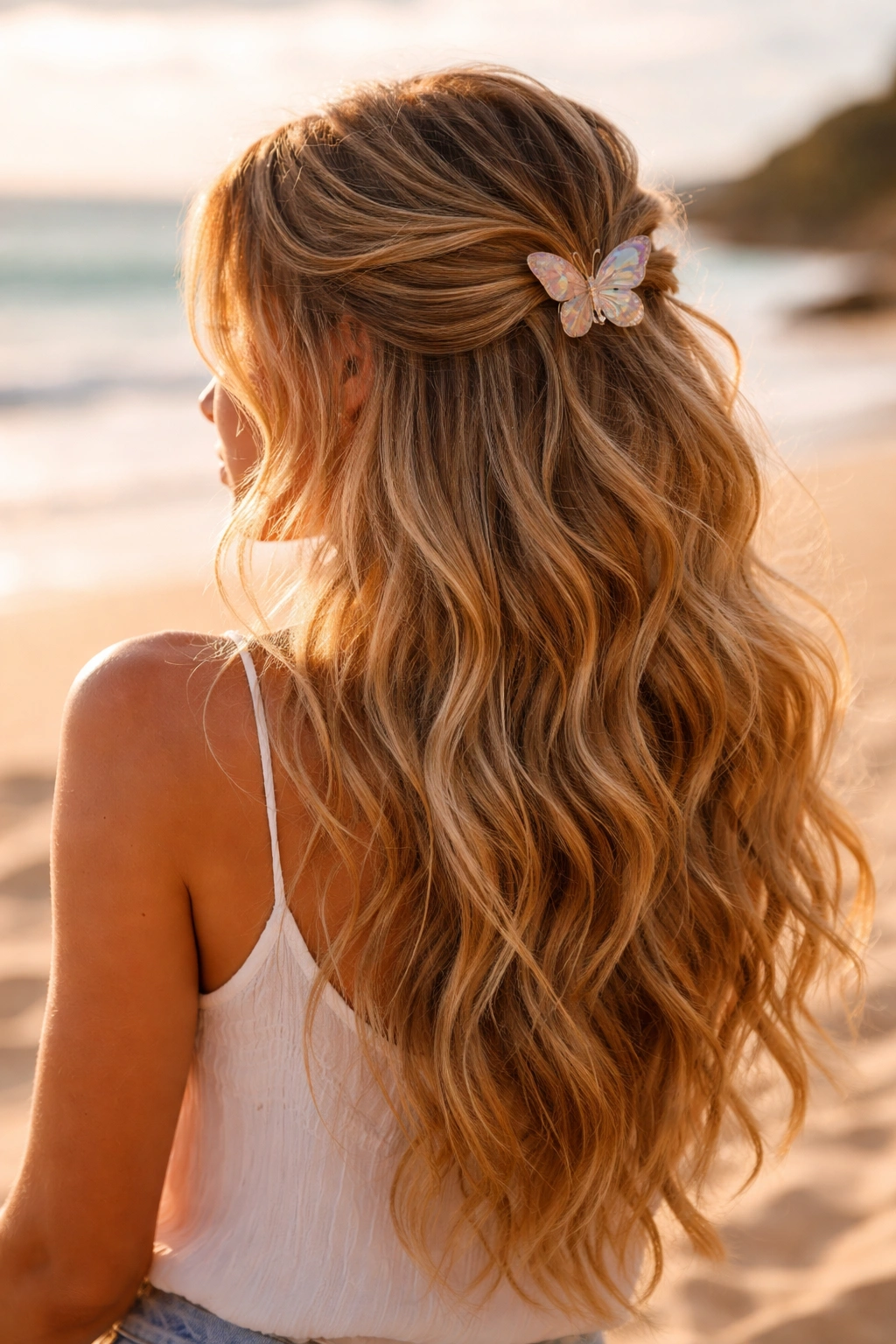 Beachy waves with a loose half-up secured by a butterfly clip