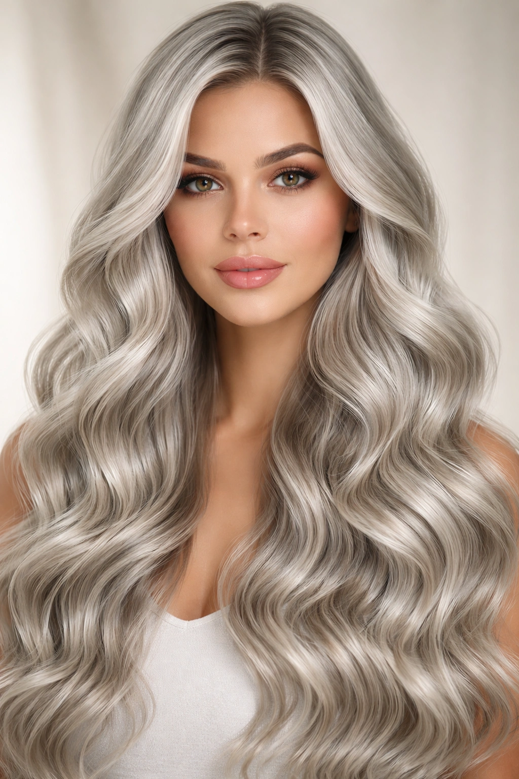 Close-up of silver hair with defined beach waves catching light