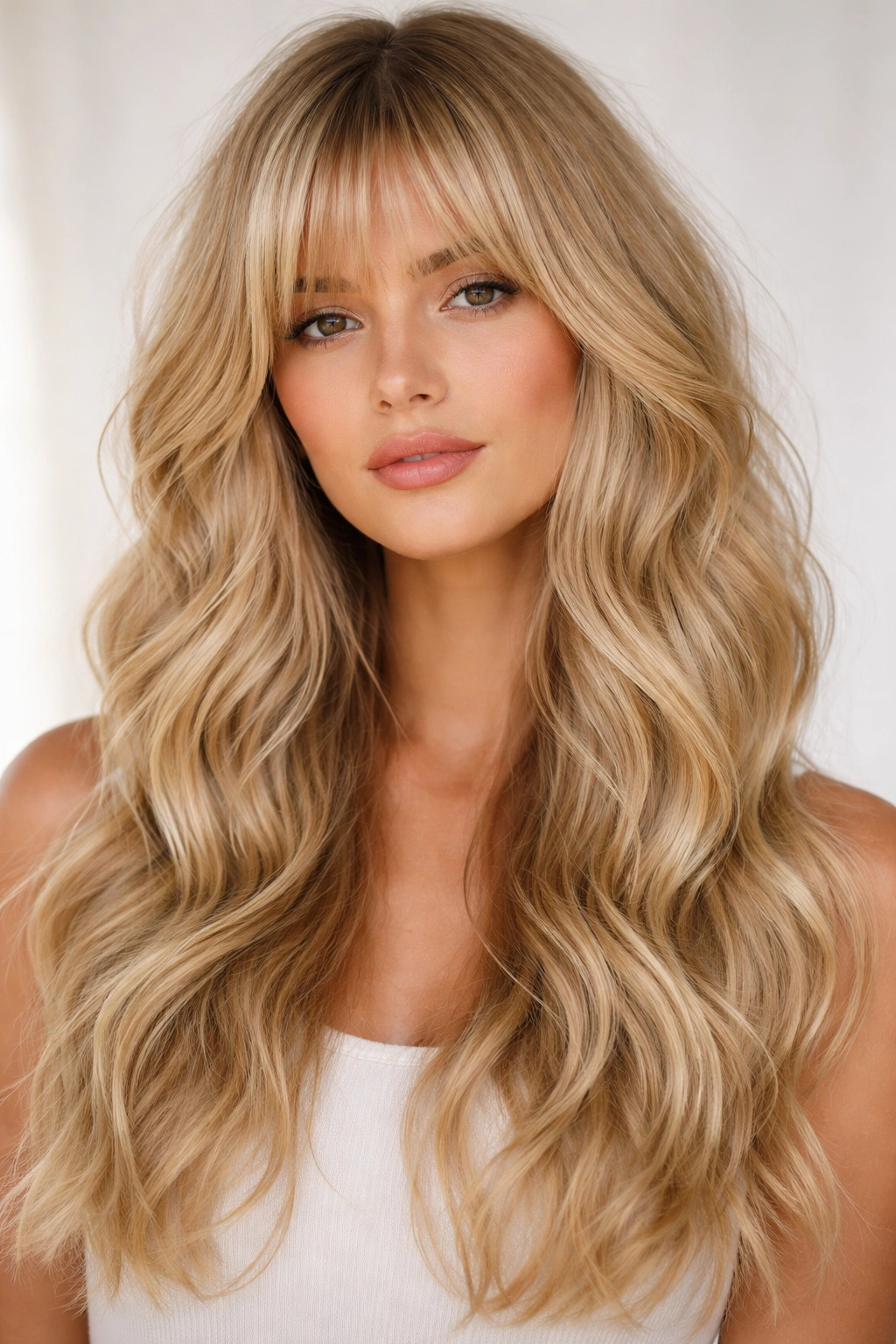 Beachy blonde waves with feathered bangs on a head-and-shoulders shot