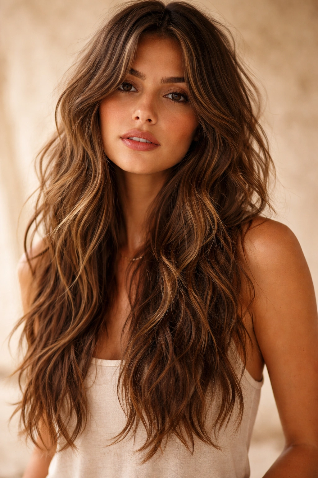 Long brown hair with beachy choppy layers and piece-y texture