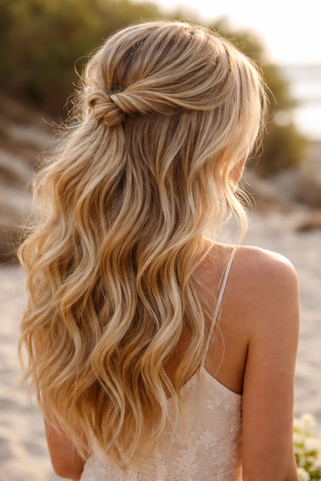 Blonde hair in beachy textured waves with half-up styling.