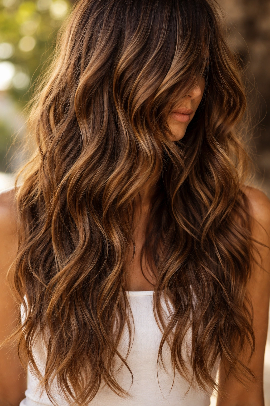 Beachy honey-brown waves with long uneven layers and natural texture