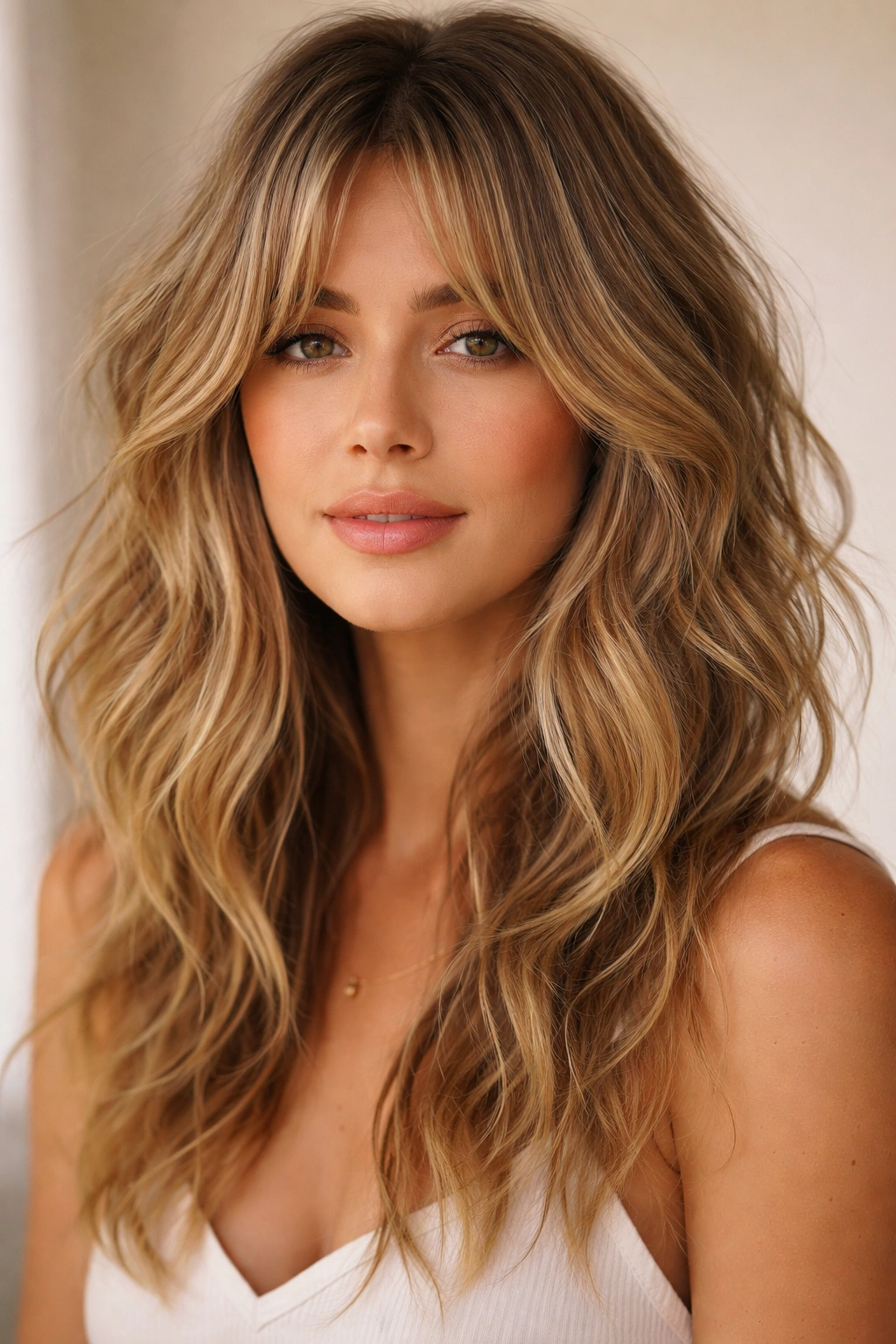 Beachy textured waves with choppy layers and curtain bangs on fine hair