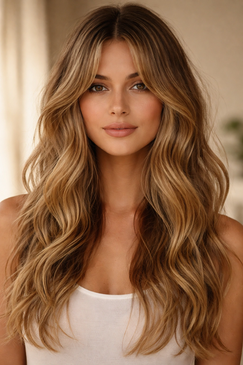 Classic beachy waves with center-parted curtain bangs showcasing natural texture.
