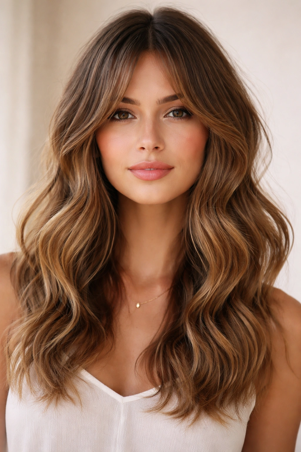 Beachy waves with curtain bangs framing an oval face