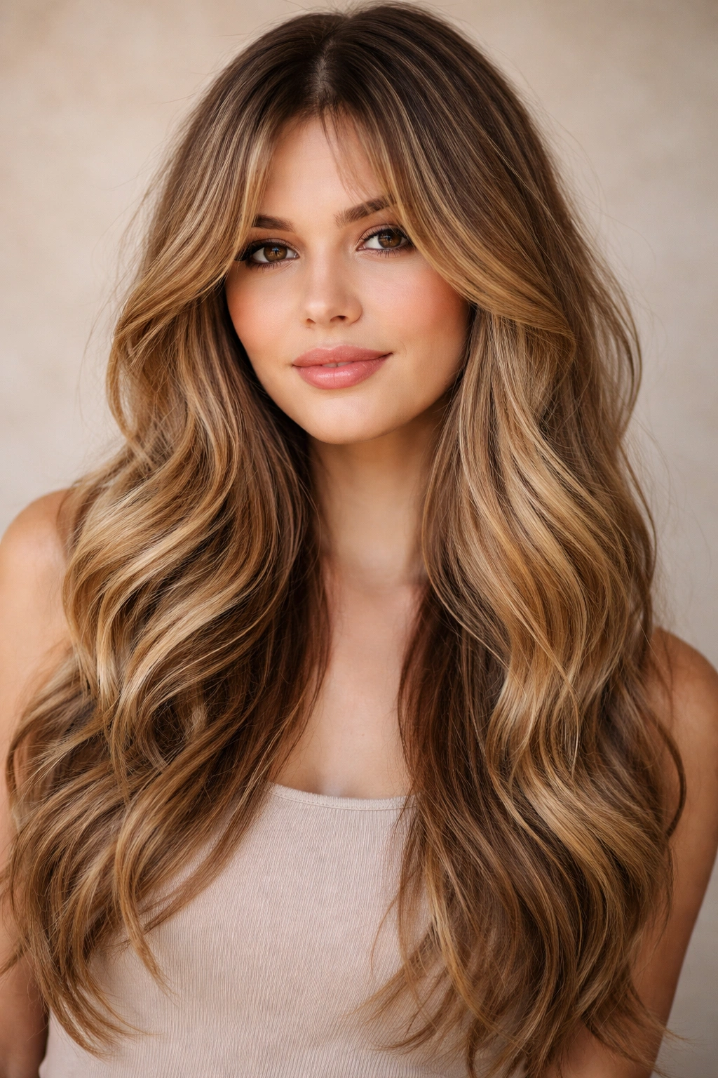 Curtain bangs with beachy waves in a relaxed hairstyle