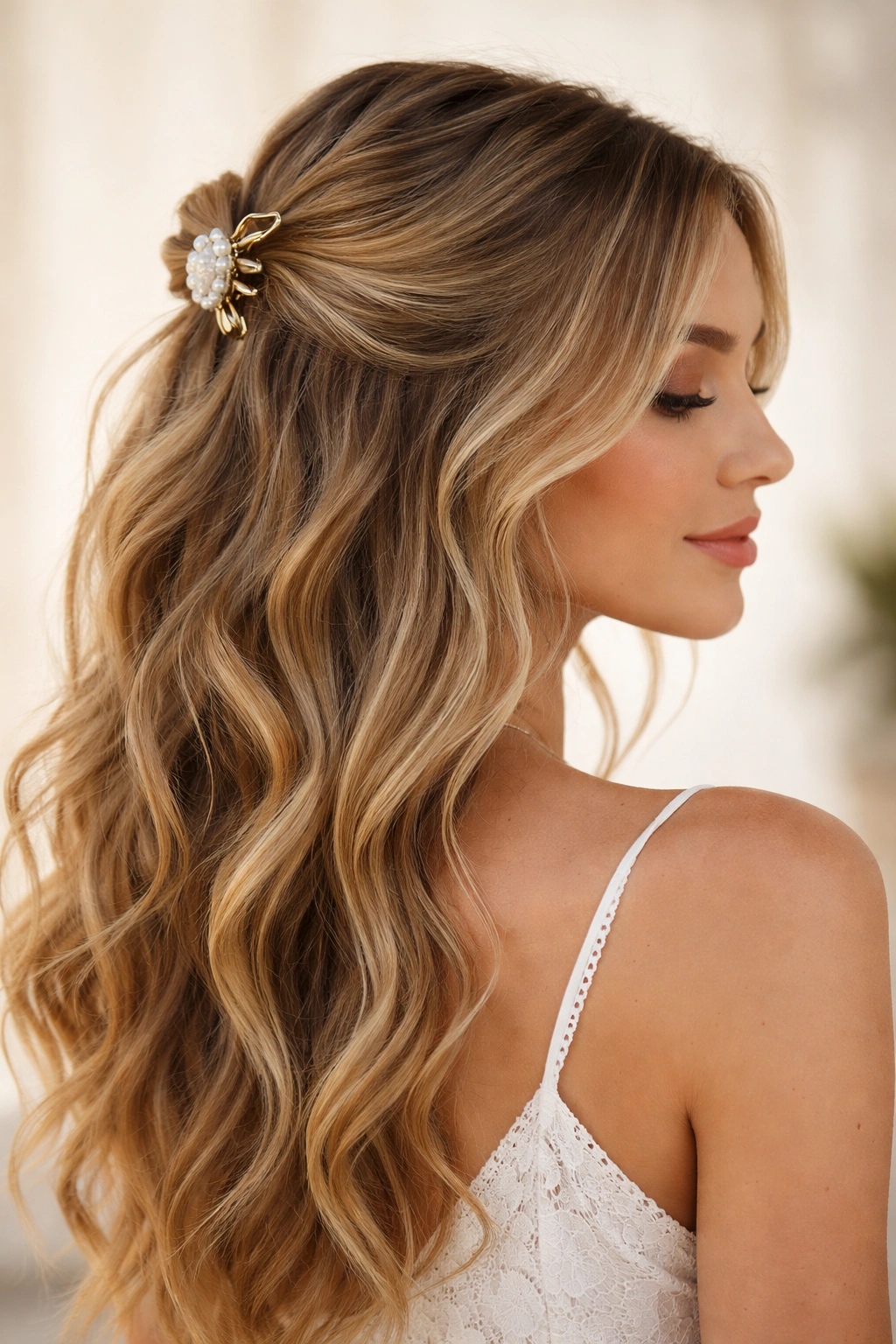 Beachy beachy waves half-up hairstyle with clip on crown
