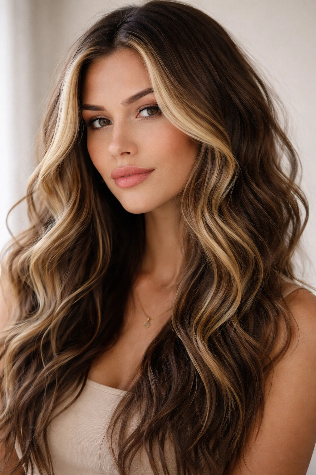 Brown hair with blonde money pieces and beachy waves framing the face