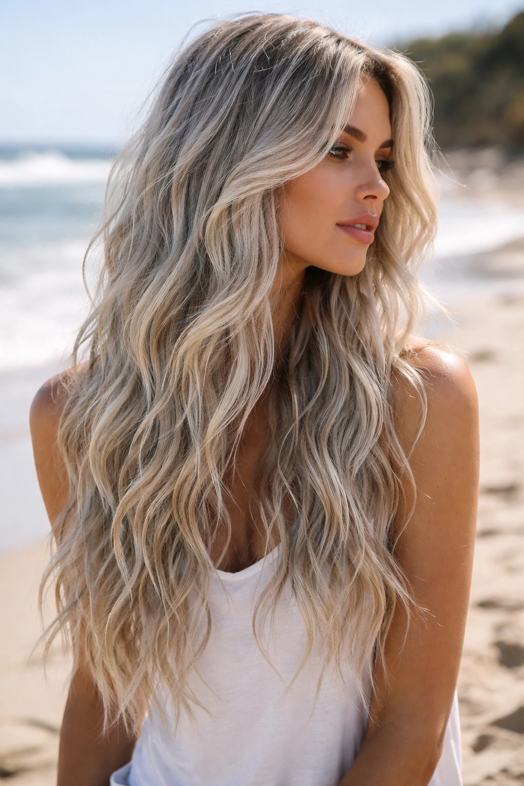 Outdoor shot of long silver hair with beachy, tousled waves and textured ends.
