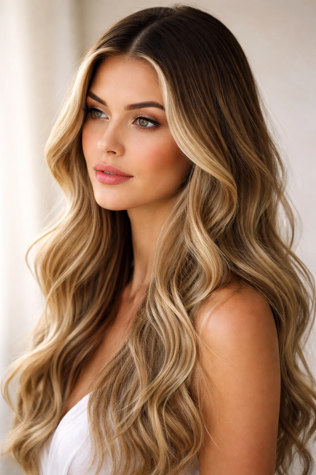 Close-up of hair showing soft beachy waves and sleek roots