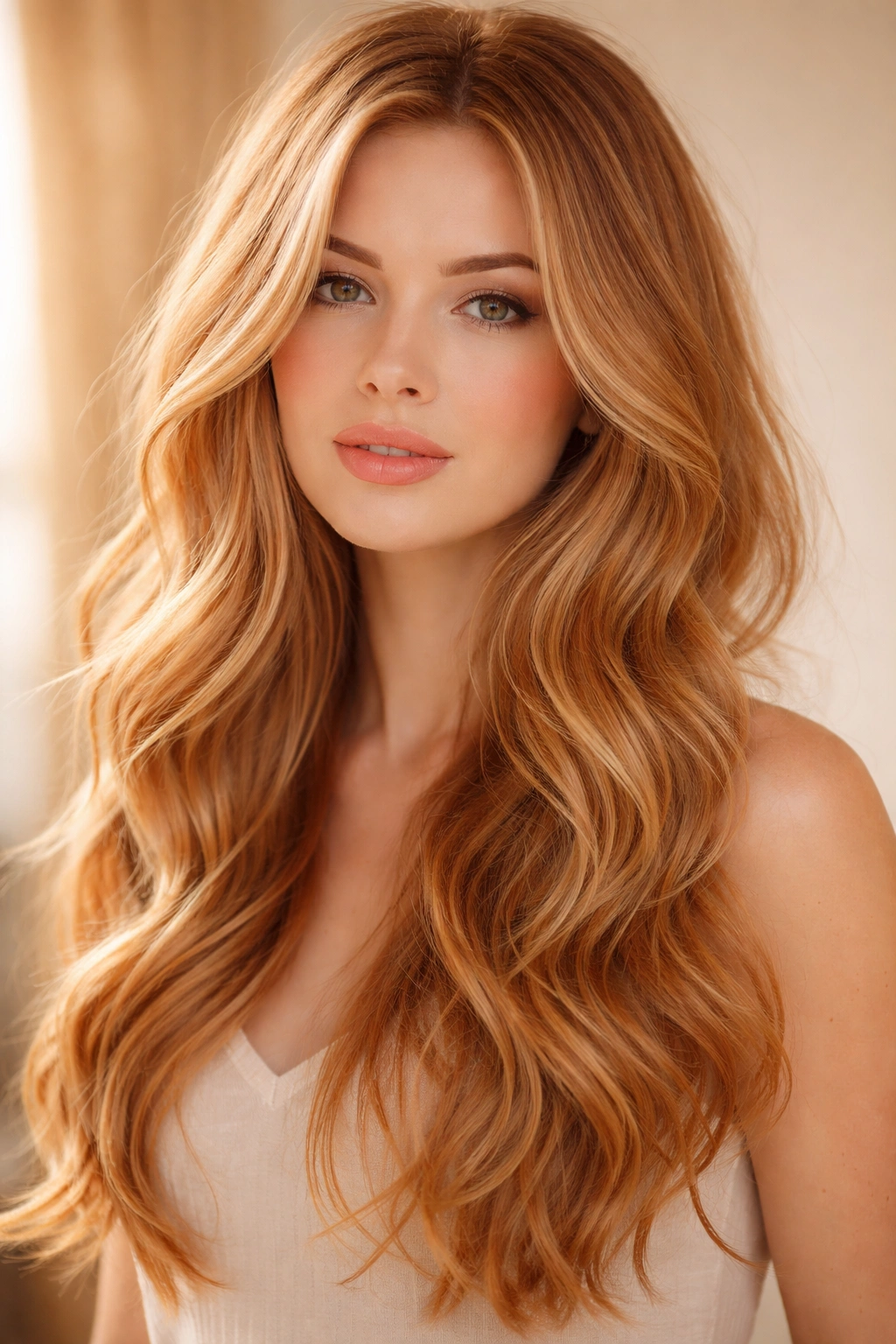 Close-up of strawberry blonde beachy waves with face-framing layers