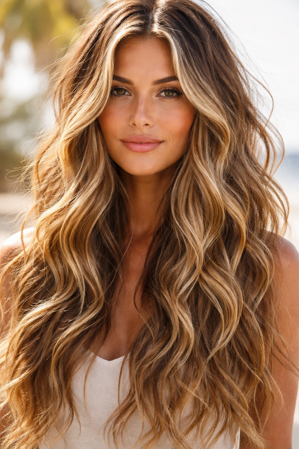 Beachy waves with sun-kissed highlights around the crown and face
