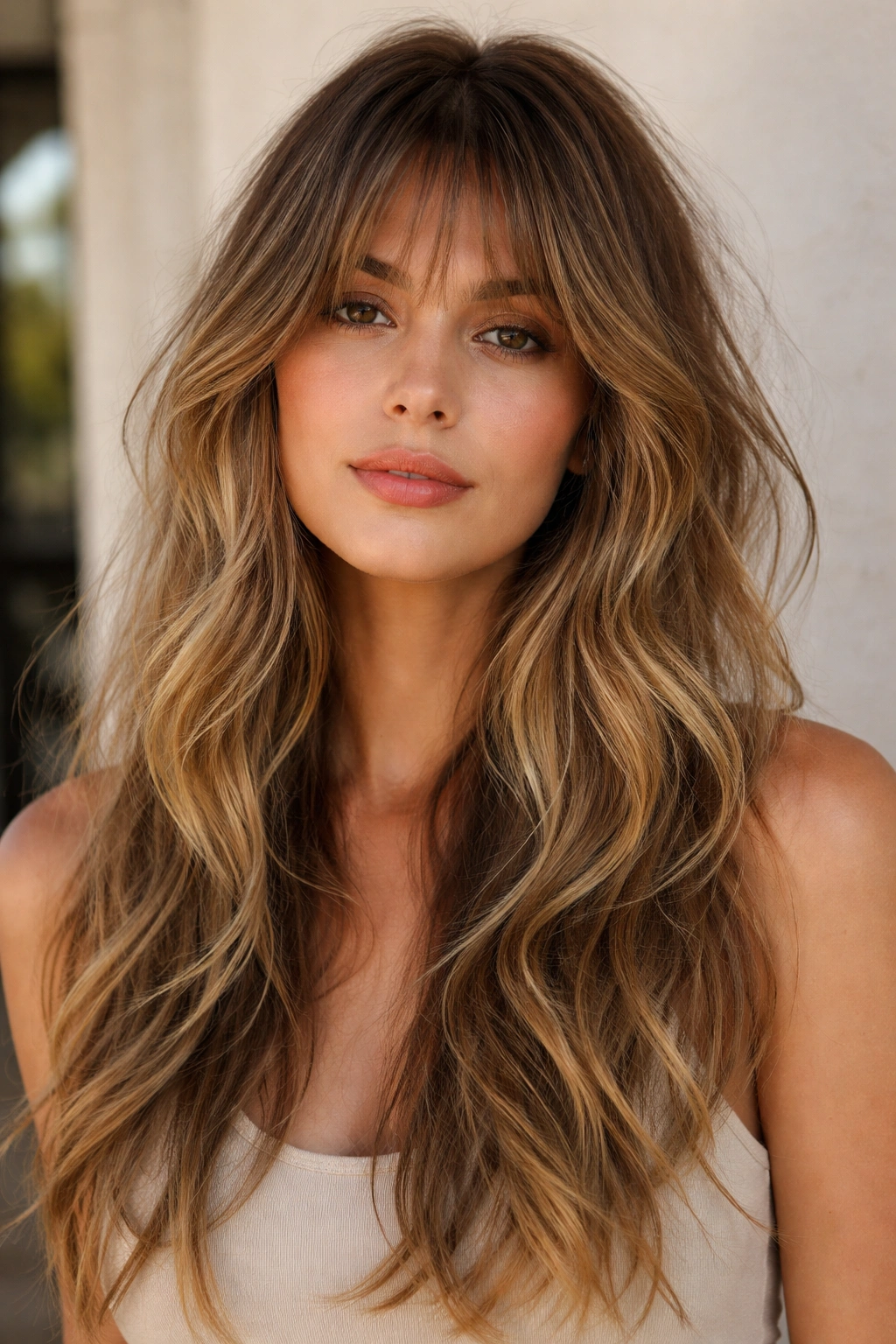 Long wavy hair with wispy layered bangs blending into collarbone-length layers.
