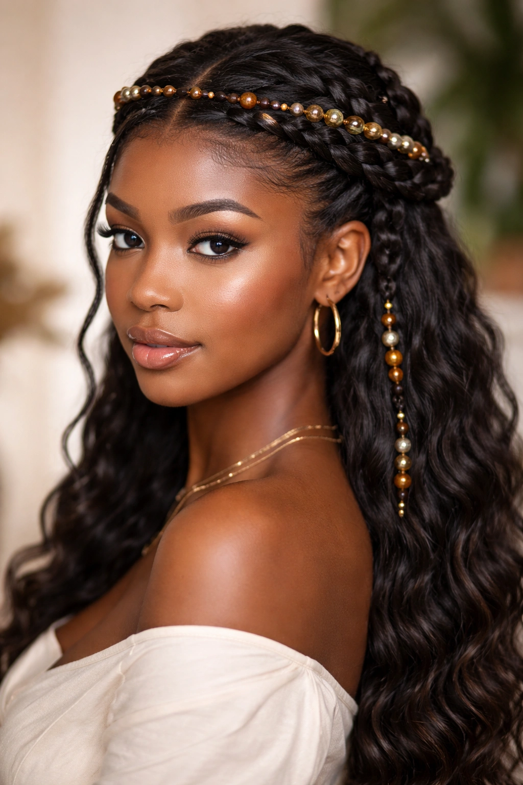 Crown braid with bead accents on textured hair, close-up.