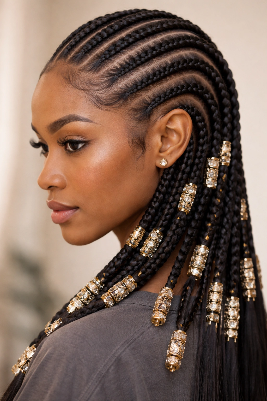 Close-up view of feed-in cornrows with decorative bead caps on scalp