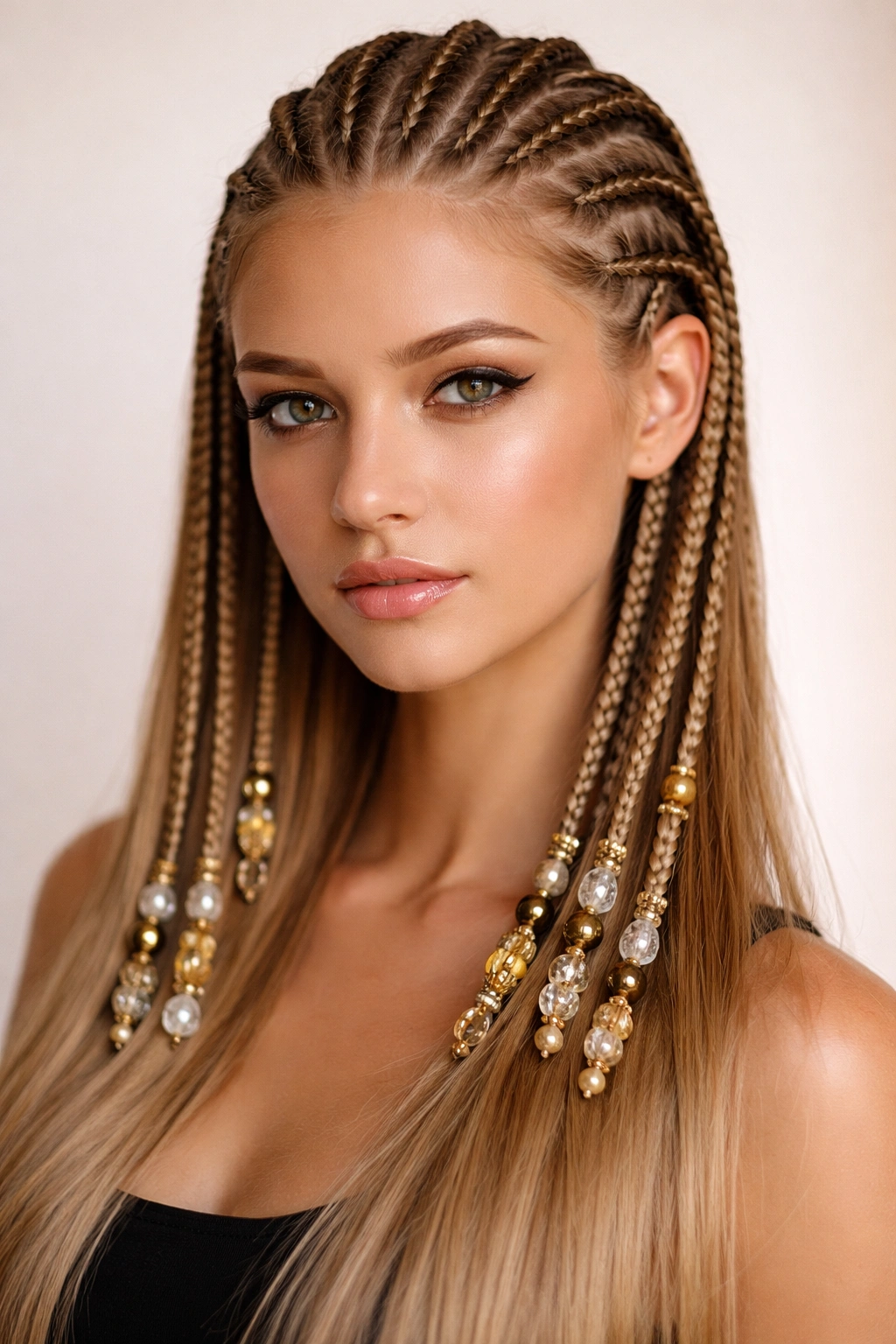 Bead-embellished cornrows on straight hair with beads on braids