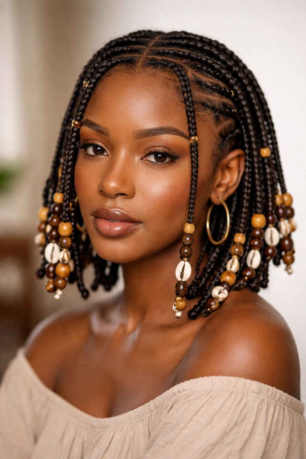 Fulani braids with beads and shells on short hair.