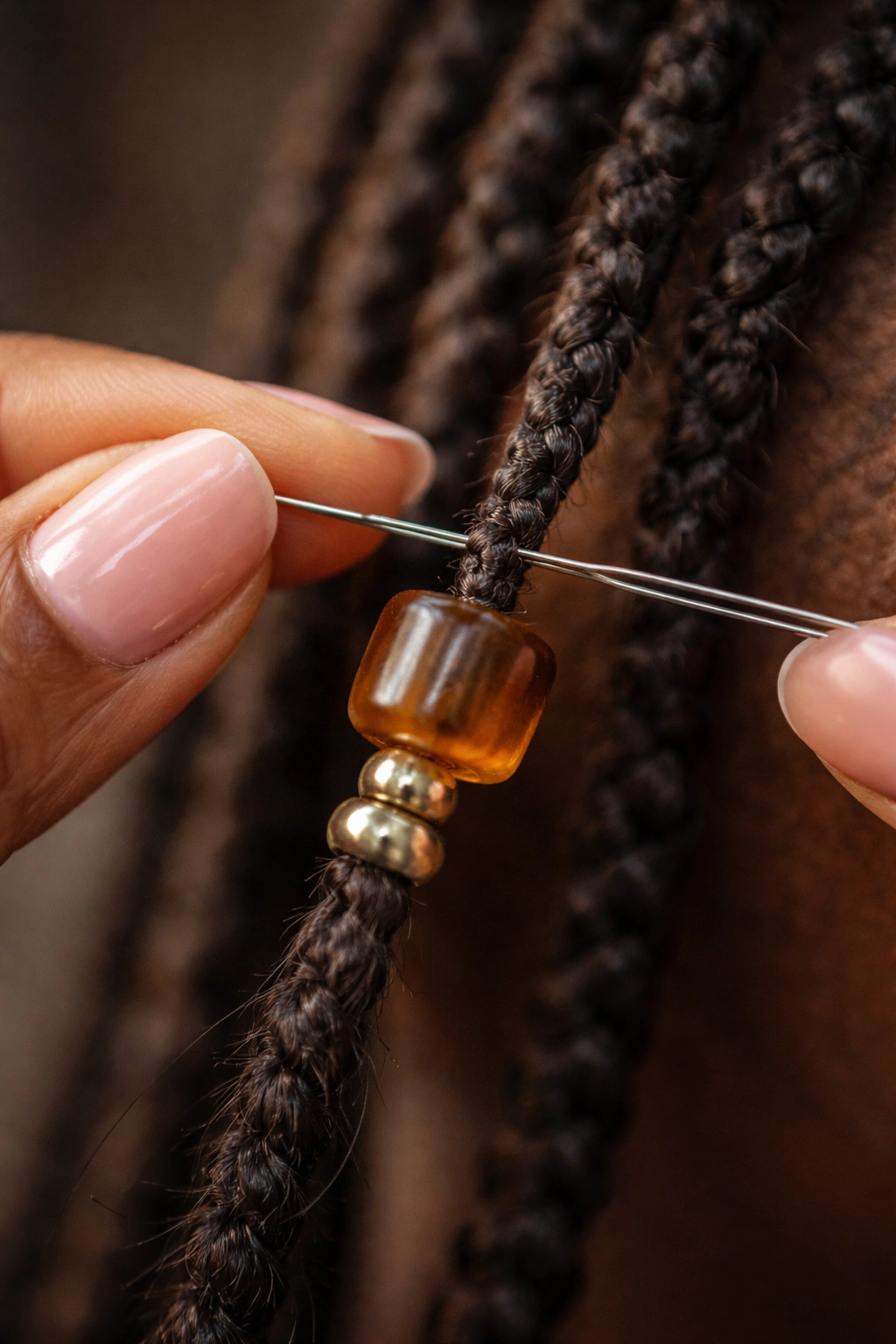 Hand threading a bead onto a Fulani braid with a needle