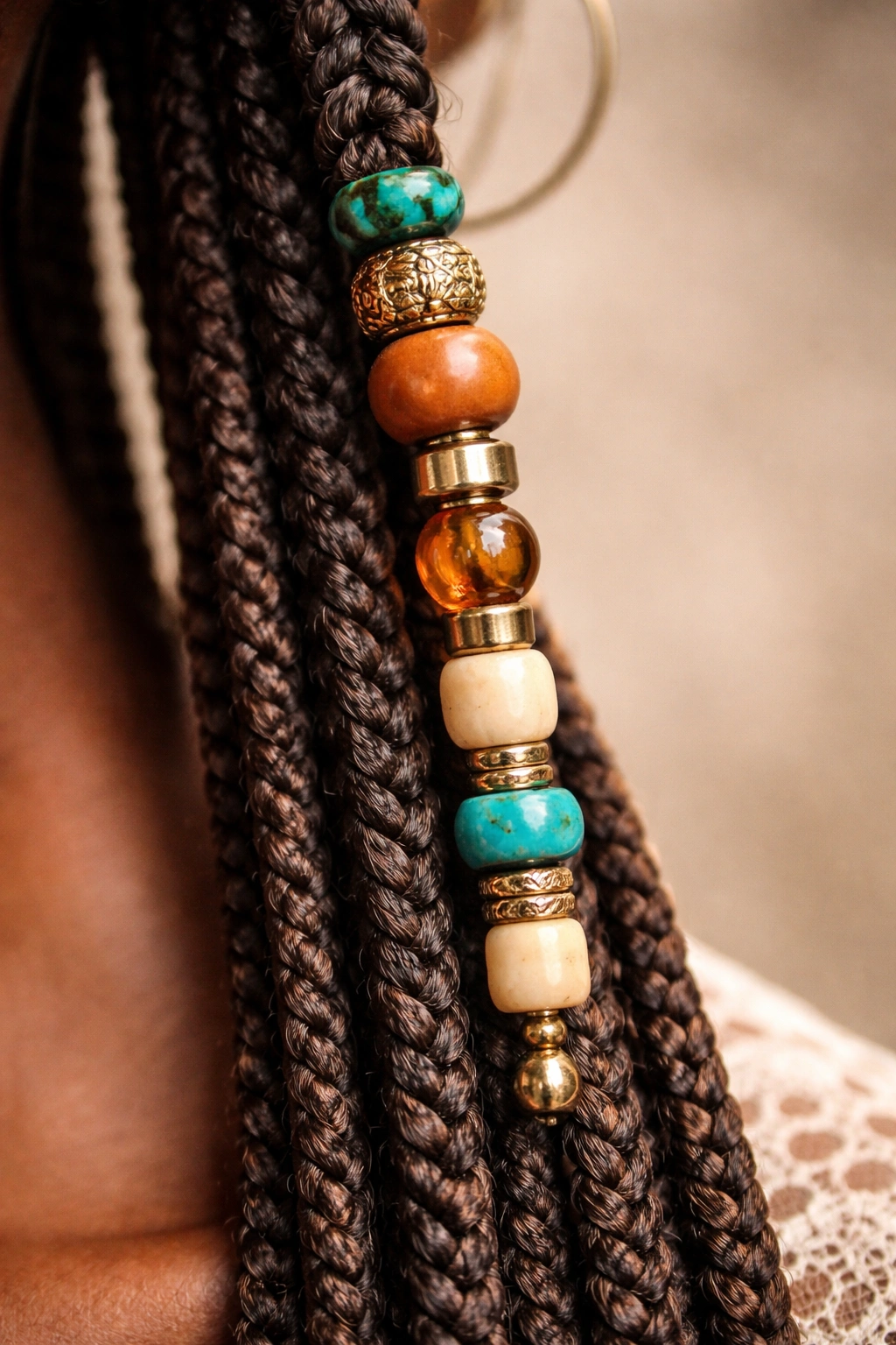 Braid with diverse beads including turquoise, brass, wood, and glass