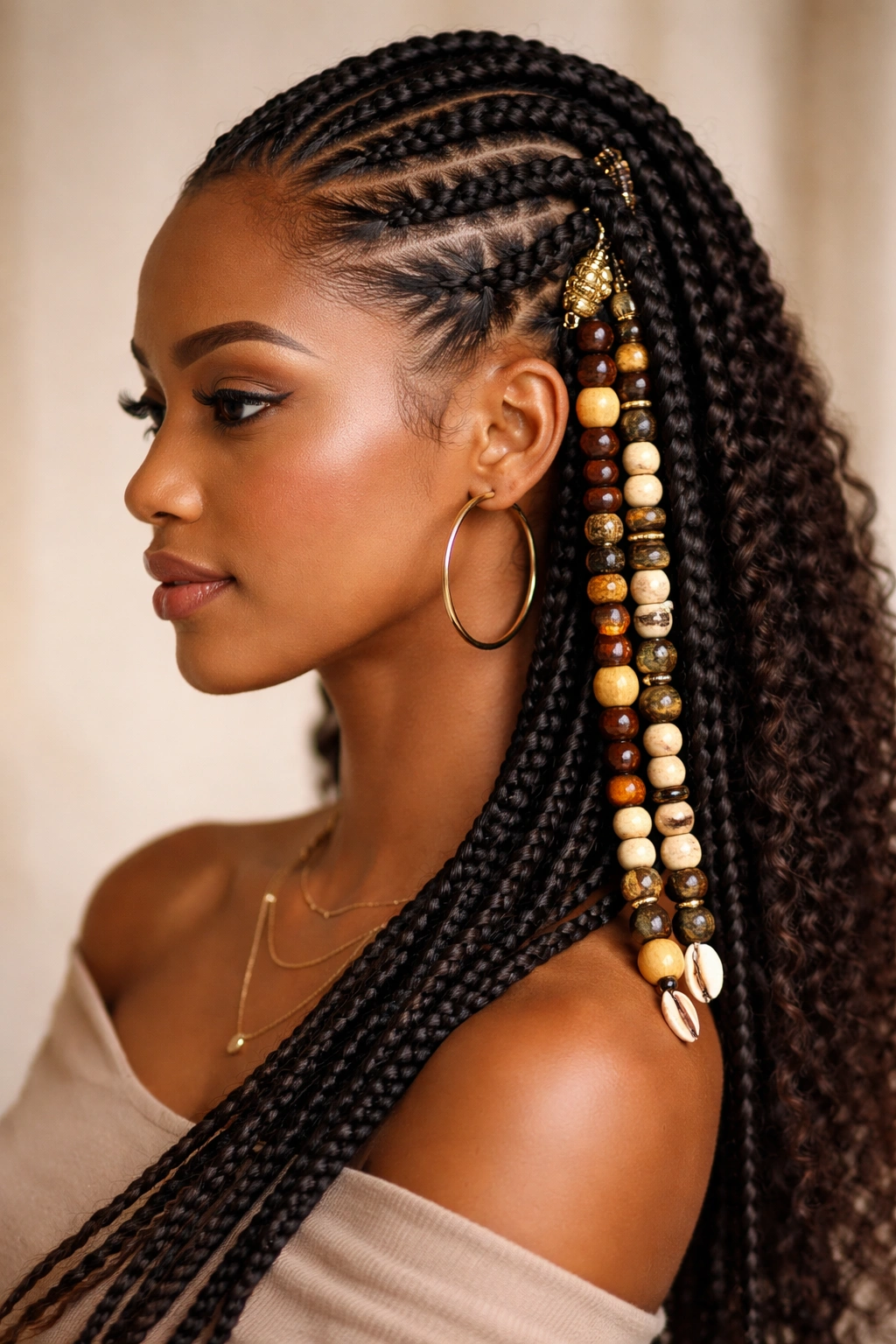 Beaded accent Fulani braids along one side of the head